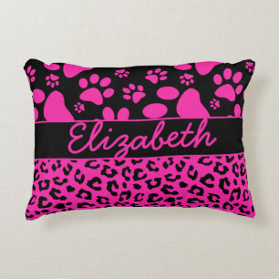 Pink and Black Leopard Print and Paws Personalized Accent Pillow