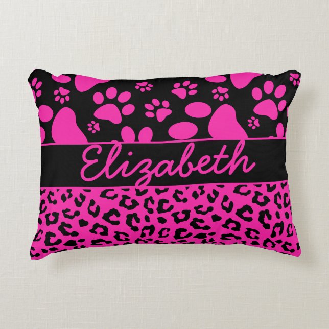Pink and Black Leopard Print and Paws Personalized Accent Pillow (Front)