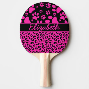 Pink and Black Leopard Print and Paws Personalized Ping Pong Paddle