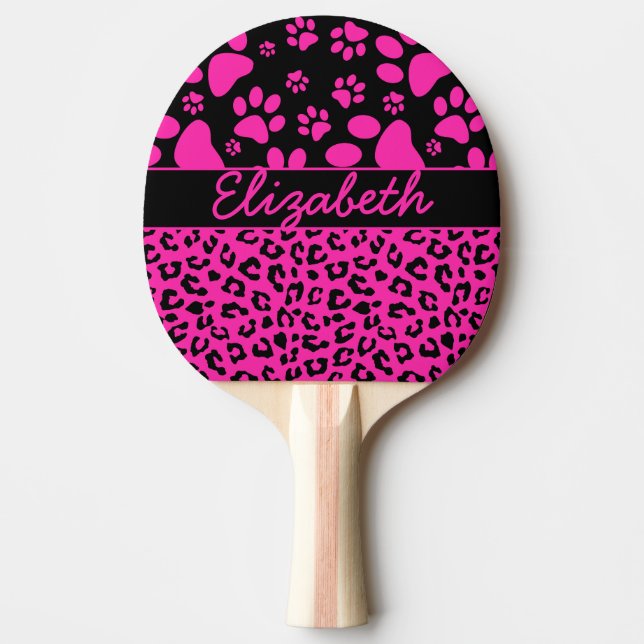 Pink and Black Leopard Print and Paws Personalized Ping Pong Paddle (Front)
