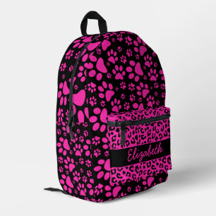 Pink and Black Leopard Print and Paws Personalized Printed Backpack