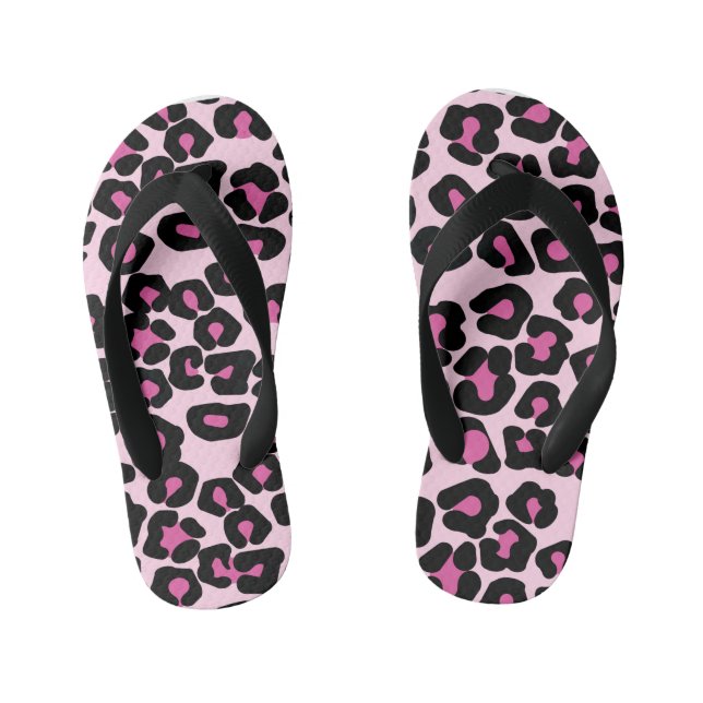 Pink and Black Leopard Print Pattern Kid's Flip Flops (Footbed)