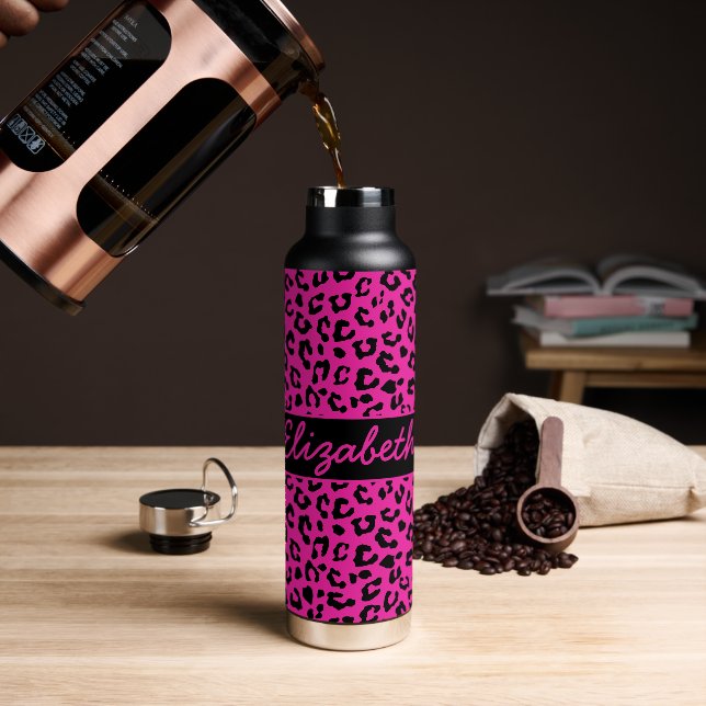 Pink and Black Leopard Print Personalized Water Bottle (Coffee)
