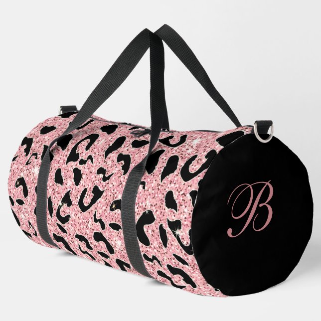 Pink and Black Leopard with Stylish Side Initials Duffle Bag (Left Corner)