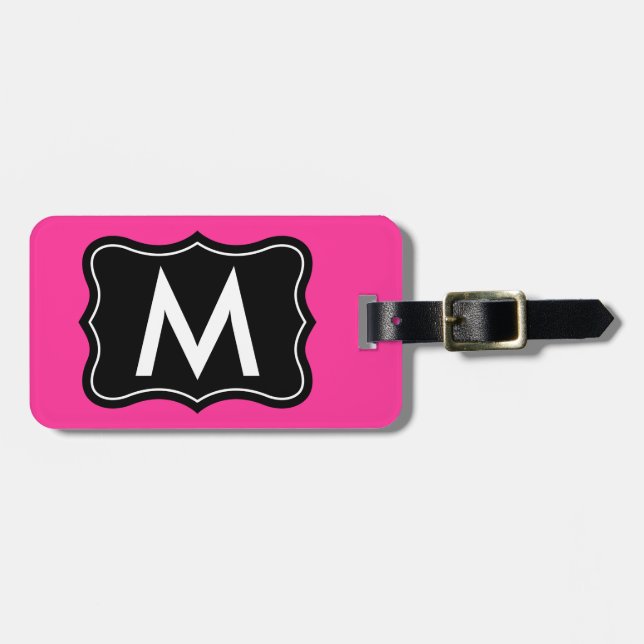 Pink and black luggage tag | Personalize monogram (Front Horizontal)
