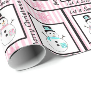 Pink and Black Merry Christmas Snowman  Gift Wrap
