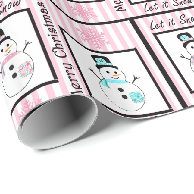 Pink and Black Merry Christmas Snowman  Gift Wrap (Roll Corner)