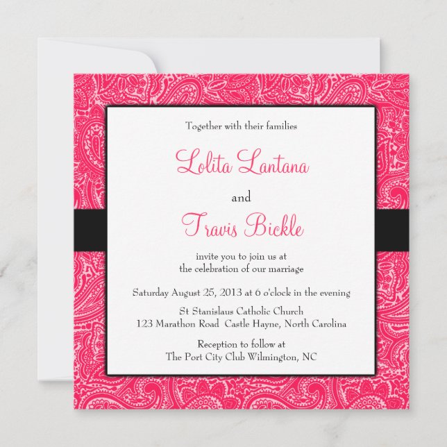 Pink and Black Mini Paisley Wedding Invitation (Front)