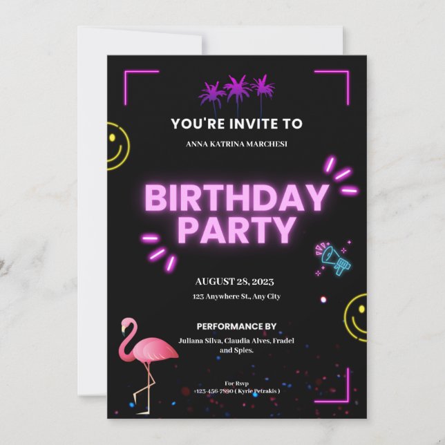Pink and Black Modern Neon Future Birthday Party Invitation (Front)