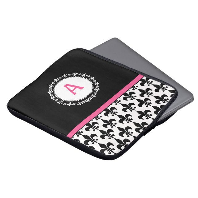 Pink and Black Monogram Fleur de Lis Pattern Laptop Sleeve (Front Top)