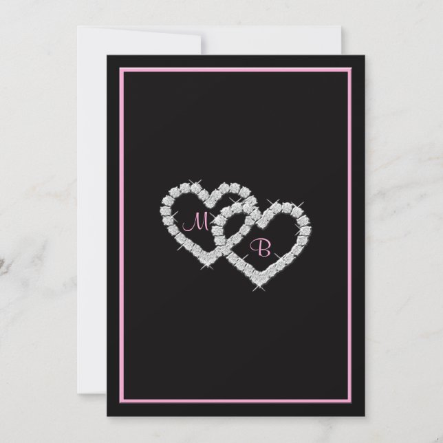 Pink and Black Monogrammed Invitation with Hearts (Front)