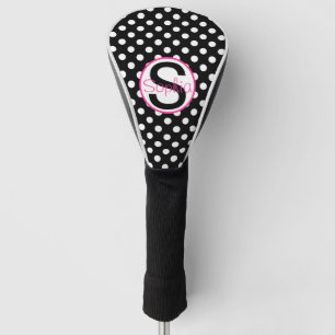 Pink and Black, Name and Initial with Polka Dots Golf Head Cover