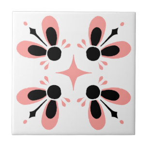Pink and Black on White Intricate Floral pattern Tile