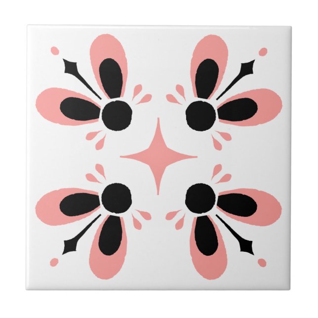 Pink and Black on White Intricate Floral pattern Tile (Front)