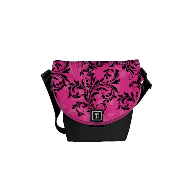 Pink and Black Ornate Scrolls Mini Messenger Bag (Front)