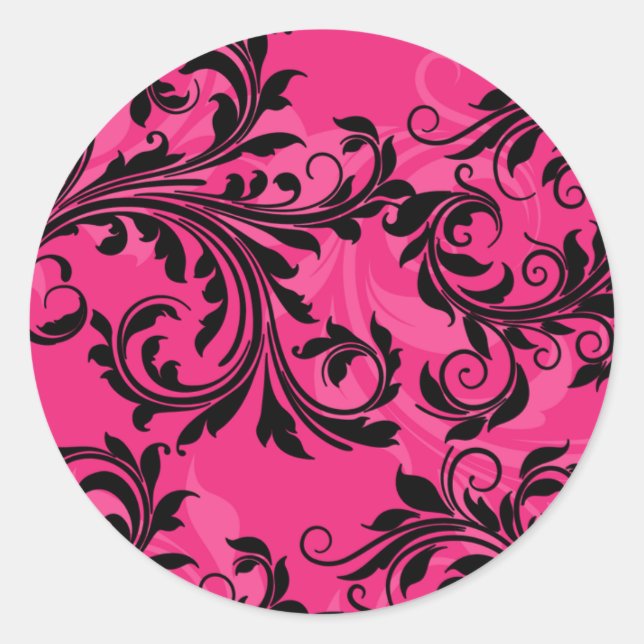 Pink and Black Ornate Scrolls Wedding Sticker (Front)