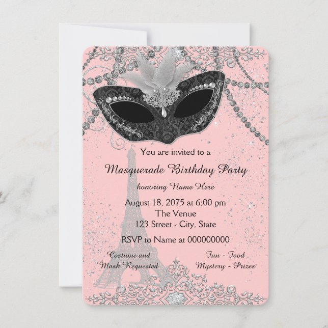 Pink and Black Paris Masquerade Party Invitation (Front)
