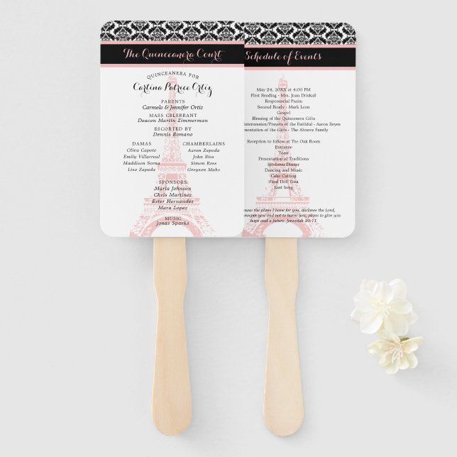 Pink and Black Paris Quinceanera Program Hand Fan (Front and Back)
