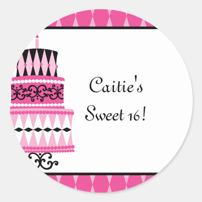 Pink and Black Party Cake Classic Round Sticker (Front)