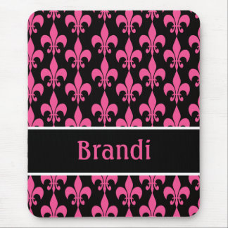 Pink and Black Personalized Fleur de Lis Mouse Pad