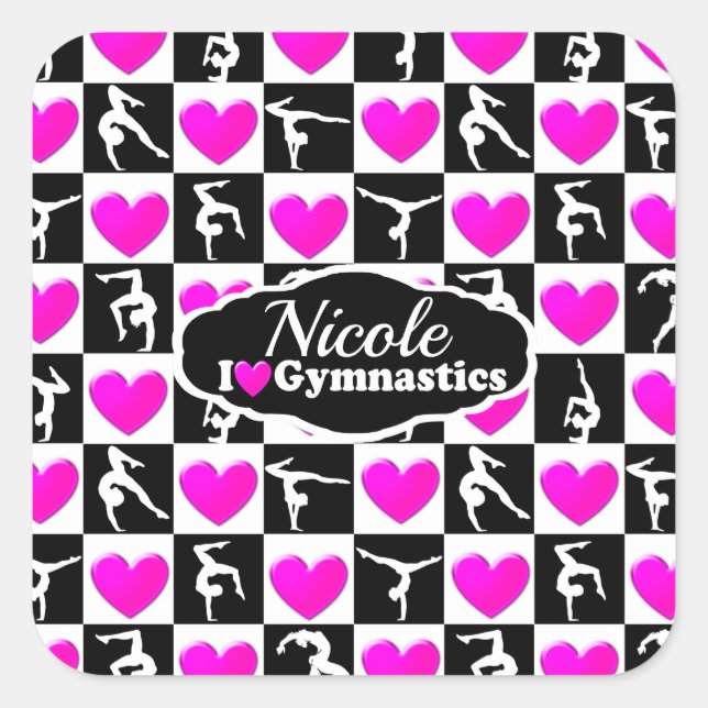 PINK AND BLACK PERSONALIZED GYMNAST DESIGN SQUARE STICKER (Front)