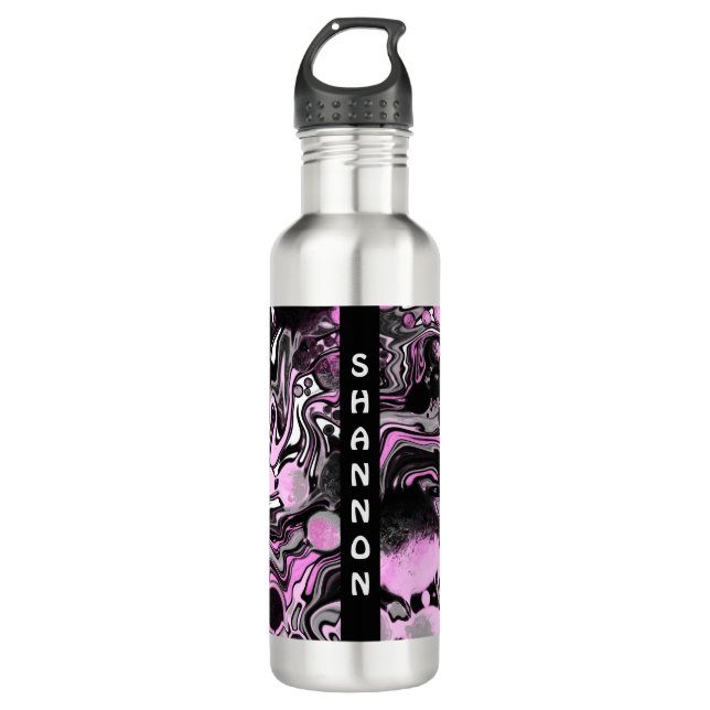 Pink and Black Personalized Marble Fluid Art    710 Ml Water Bottle (Front)
