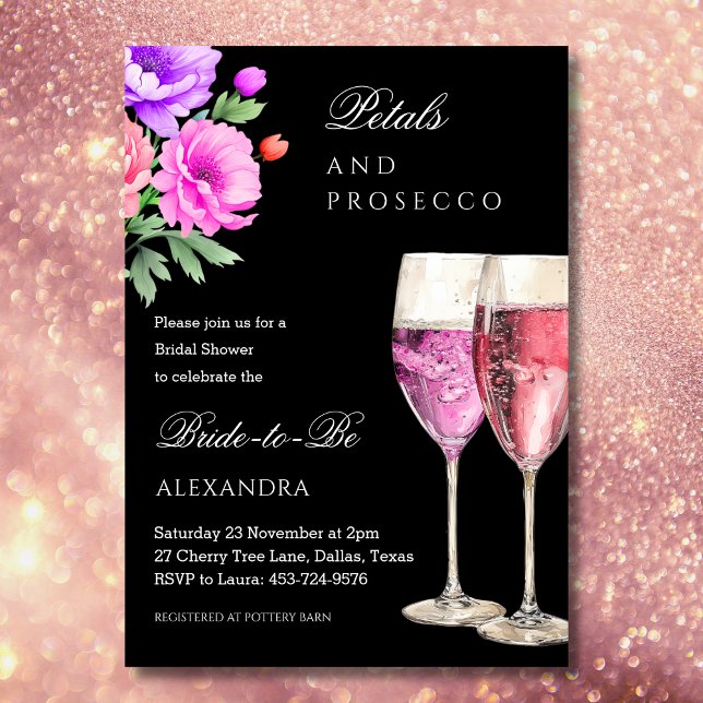 Pink and Black Petals and Prosecco Bridal Shower Invitation (Creator Uploaded)