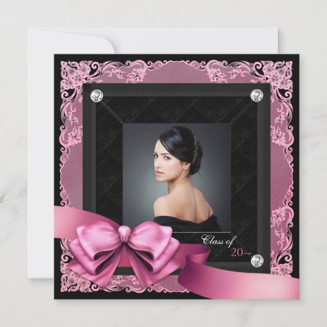 Pink and Black Photo Graduation Announcements (Front)
