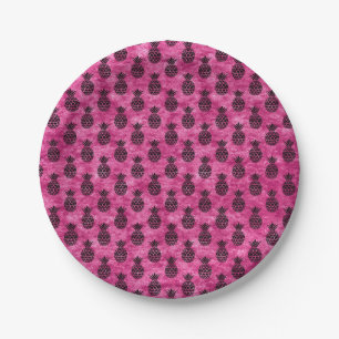 Pink and Black Pineapple Tropical Birthday Party Paper Plate