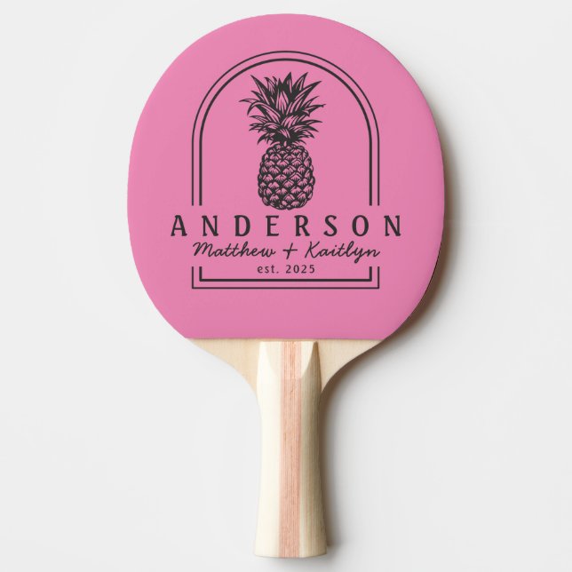 Pink and Black Pineapple Wedding Arch & Name Ping Pong Paddle (Front)