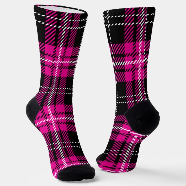 Pink and Black Plaid Tartan Pattern Design Socks (Angled)
