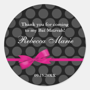 Pink and Black Polka Dot Bow Bat Mitzvah Favour Classic Round Sticker