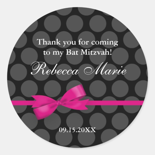 Pink and Black Polka Dot Bow Bat Mitzvah Favour Classic Round Sticker (Front)