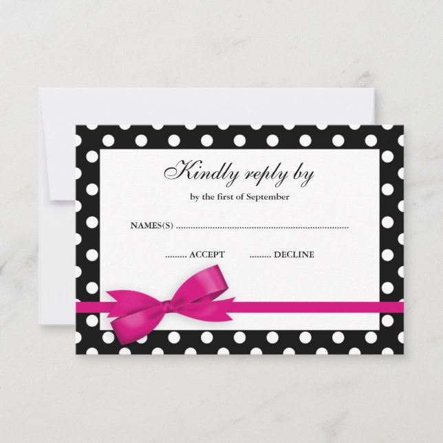 Pink and Black Polka Dot Bow RSVP Card (Front)