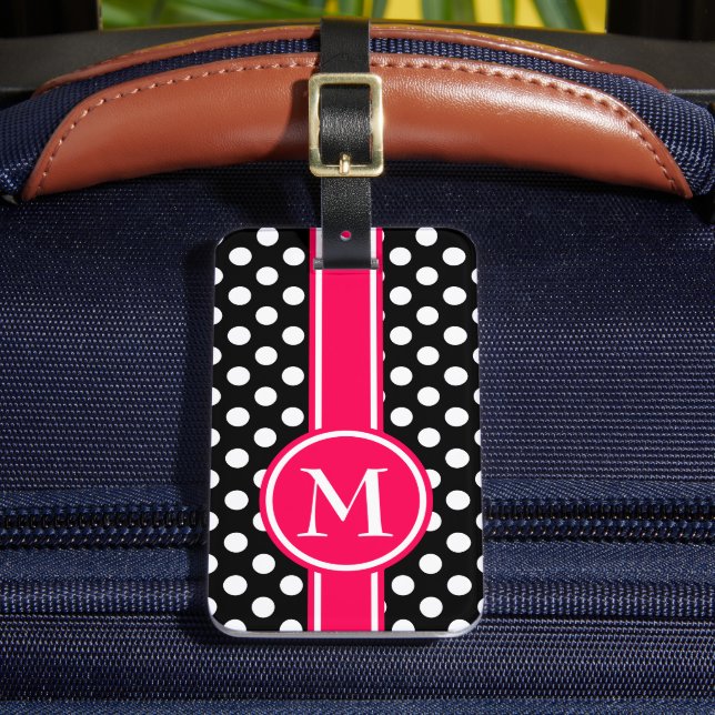 Pink and Black Polka Dot Monogram Luggage Tag (Front Insitu 2)