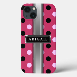 Pink and Black Polka Dot Pattern Metal Name iPhone 13 Case