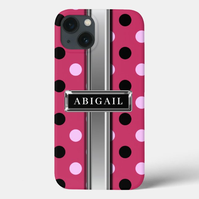 Pink and Black Polka Dot Pattern Metal Name Case-Mate iPhone Case (Back)