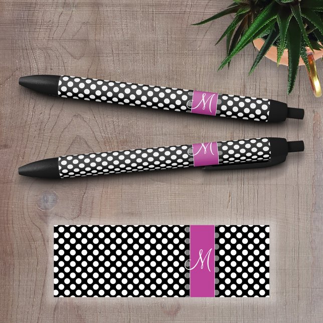 Pink and Black Polka Dot Pattern with Monogram Black Ink Pen (Custom Pen - Personalize this writing pen with you name, monogram or other text)