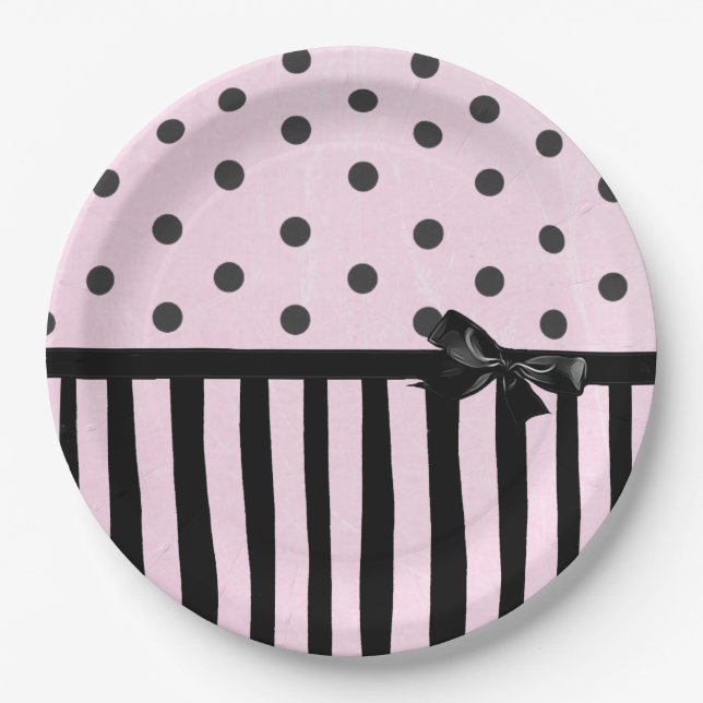 Pink and Black Polka Dot Striped Party Paper Plate (Front)