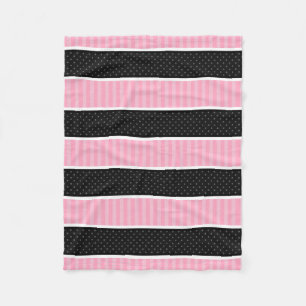 Pink and Black Polka Dot Stripes Pattern Fleece Blanket