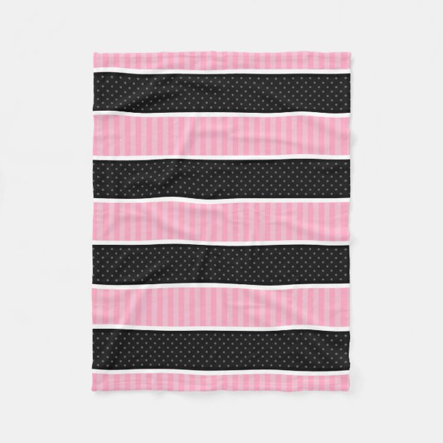Pink and Black Polka Dot Stripes Pattern Fleece Blanket (Front)
