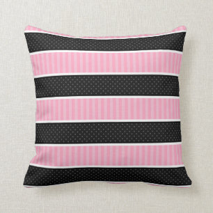 Pink and Black  Polka Dot Stripes Pattern Throw Pillow