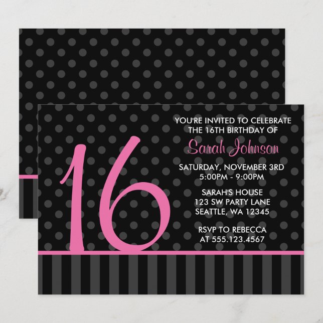 Pink and Black Polka Dot Stripes Sweet 16 Birthday Invitation (Front/Back)