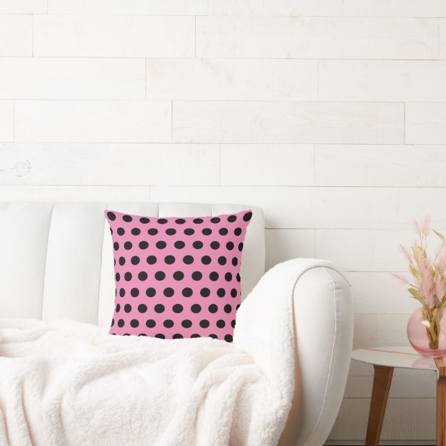 Pink and Black Polka Dots Throw Pillow (Couch)