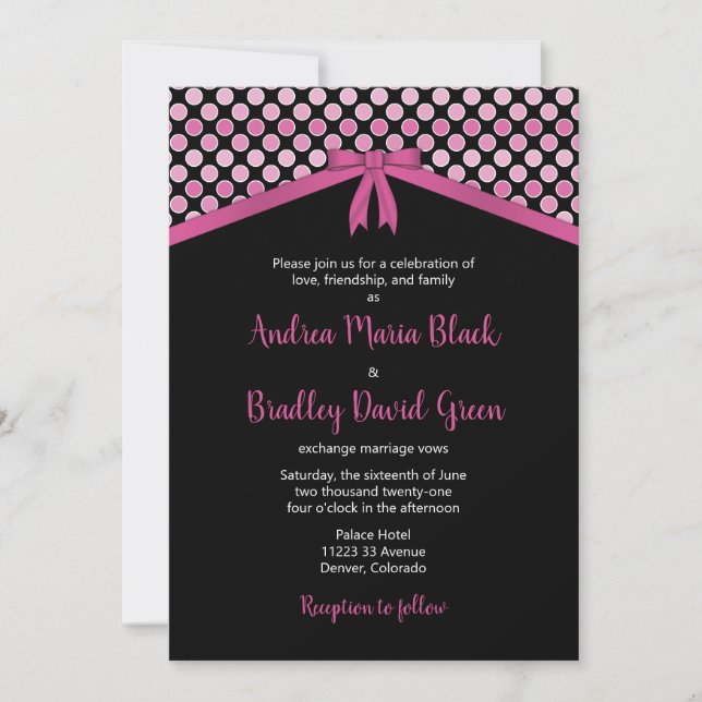 Pink and Black Polka Dots Wedding Invitation (Front)