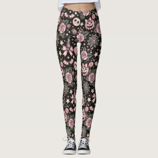 Pink and Black Pumpkin and Web Halloween Pattern Leggings