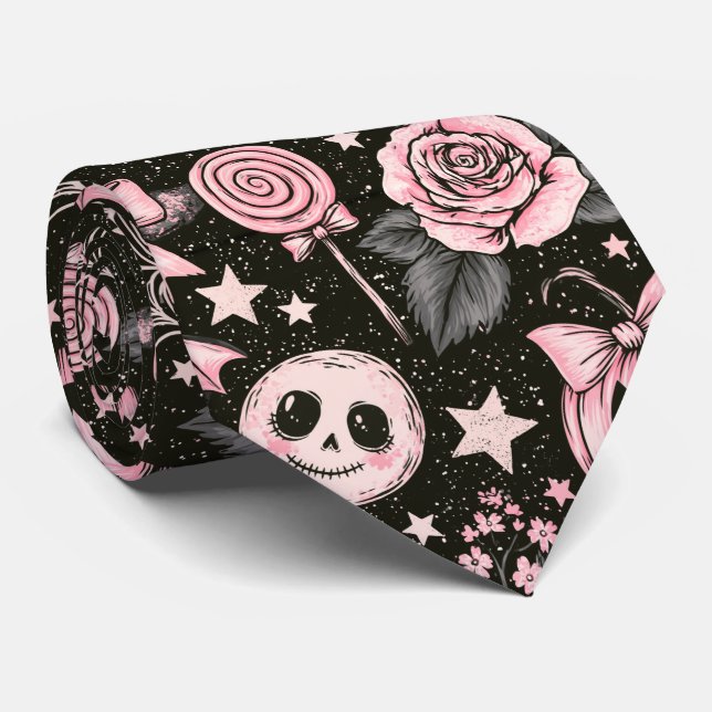 Pink and Black Pumpkin, Web and Rose Pattern Tie (Rolled)