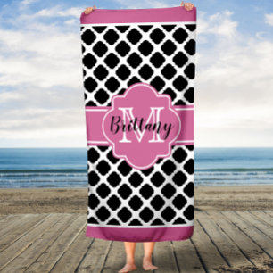 Pink and Black Quatrefoil Moroccan Monogram Towel