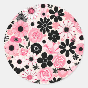 Pink and Black Retro Botanical Flowers Pattern Classic Round Sticker
