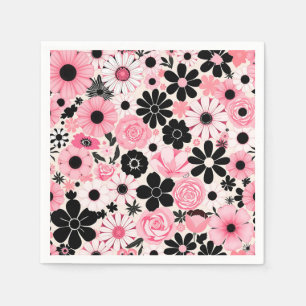 Pink and Black Retro Botanical Flowers Pattern Napkin